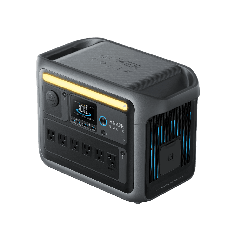Anker SOLIX C1000 side view showing cooling ventilation vents and DC XT60 solar input port